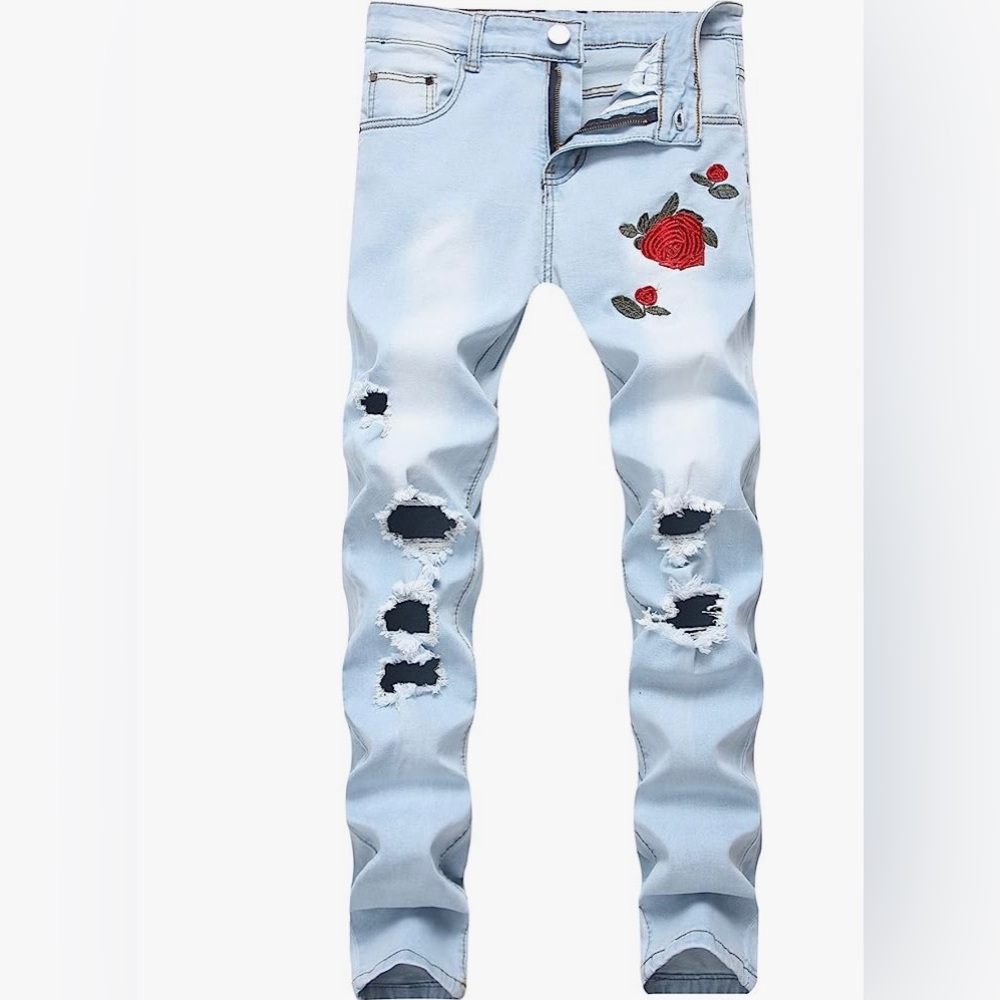 Men's Skinny Slim Fit Ripped Distressed Jeans with Roses